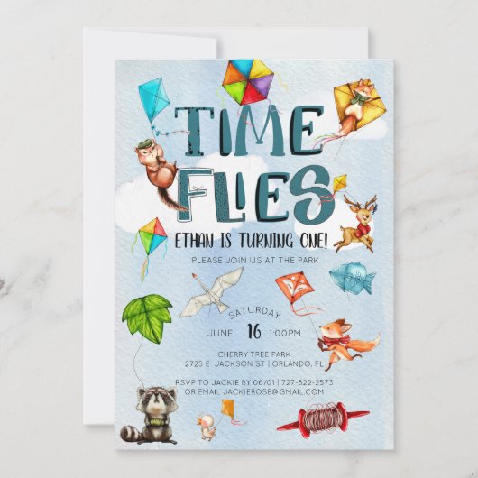 時間は|凧のテーマの第1誕生会を飛ばします 招待状 (正面)