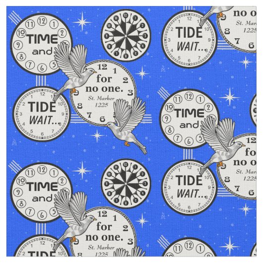 時間は-鳥および時計-明るい青を飛ばします ファブリック (クローズアップ)