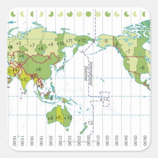 時間を示す世界地図のデジタルイラストレーション スクエアシール (正面)
