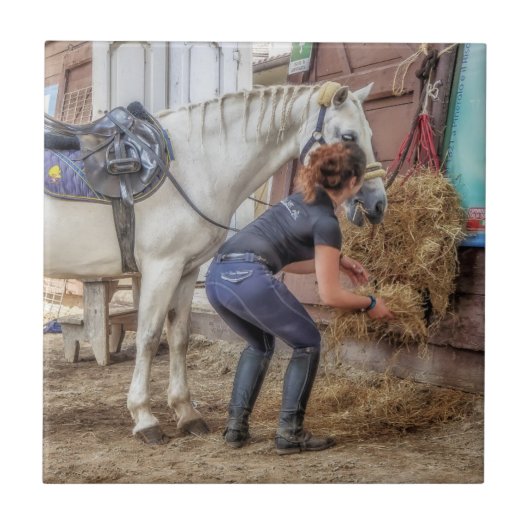 時間を食べ物を与えることのサドルを置かれた馬 タイル (正面)