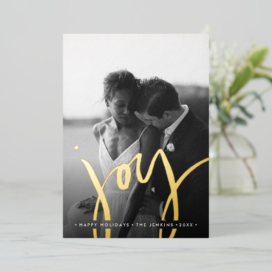 時間エレガント無しシンプルの金ゴールド休日の写真 箔招待状 (立ち正面)