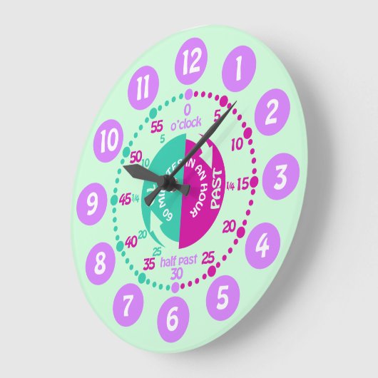 時間学紫のミントの壁時計を教える女の子 ラージ壁時計 (傾斜)