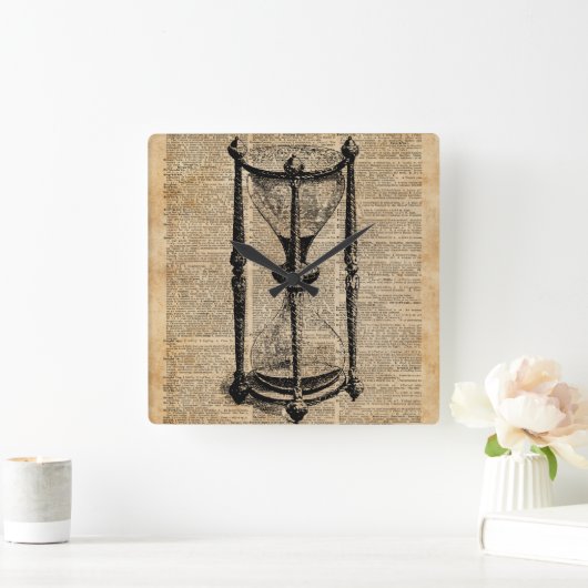 時間，アンティーク砂時計，砂時計ヴィンテージブックページ スクエア壁時計 (ホーム)