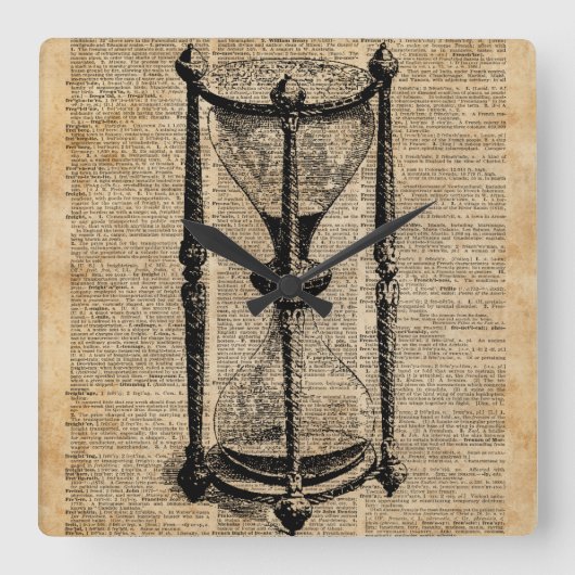 時間,アンティーク砂時計,砂時計ヴィンテージブックページ スクエア壁時計 (正面)