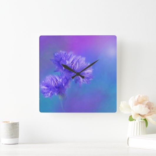 晩夏の花フローラブルーパープルコーンフラワー スクエア壁時計 (ホーム)