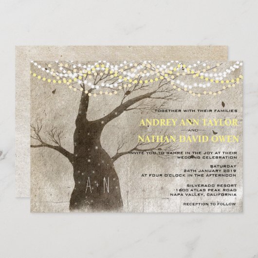 晩秋または冬素朴の木の結婚光 招待状 (正面/裏面)
