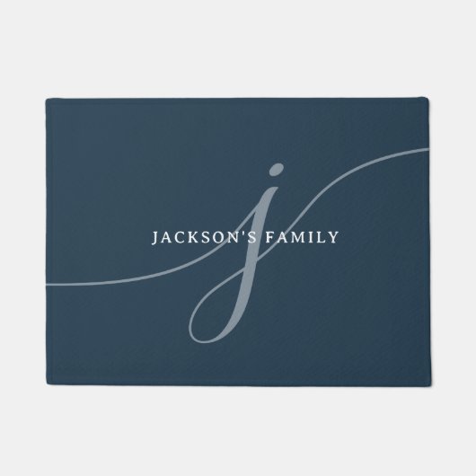 普通海軍エレガントブルーホワイトスクリプトモノグラム ドアマット (正面)