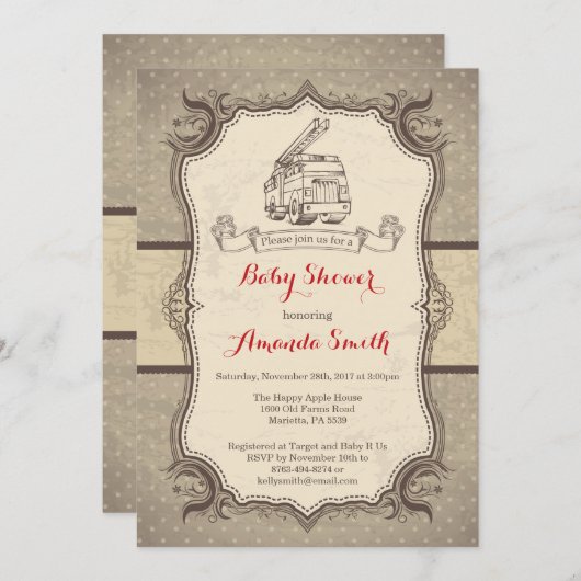 普通消防車のベビーシャワーの招待状のヴィンテージのレトロ 招待状 (正面/裏面)