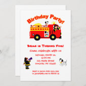普通消防車の子供の誕生日 招待状 (正面/裏面)