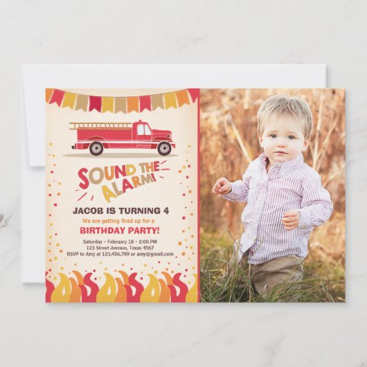 普通消防車の消防士の誕生日の招待状の男の子 招待状 (正面)