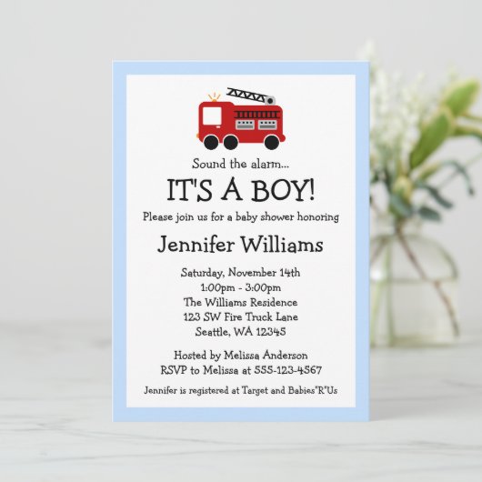 普通消防車の男の子のベビーシャワー招待状 招待状 (スタンド正面)