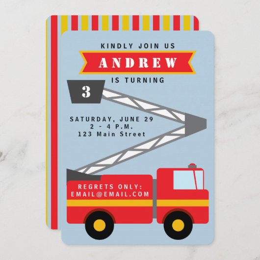 普通消防車の男の子の誕生日の招待状 招待状 (正面/裏面)