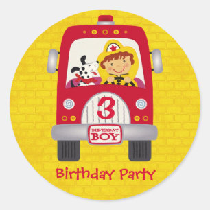 普通消防車の誕生日の男の子 ラウンドシール