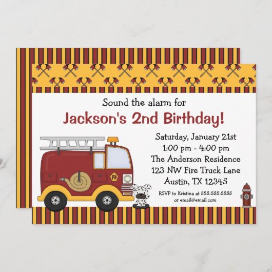 普通消防車の赤のストライプのバースデーパーティ招待状 招待状 (正面/裏面)