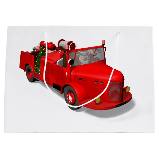 普通消防車を運転しているサンタクロース ラージペーパーバッグ (正面)