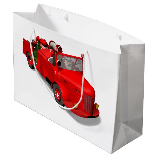 普通消防車を運転しているサンタクロース ラージペーパーバッグ (裏面アングル)