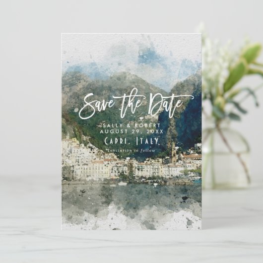 景色のイタリアアマルフィの結婚式の保存日付カード サンキューカード (スタンド正面)
