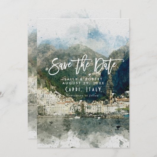 景色のイタリアアマルフィの結婚式の保存日付カード サンキューカード (正面/裏面)