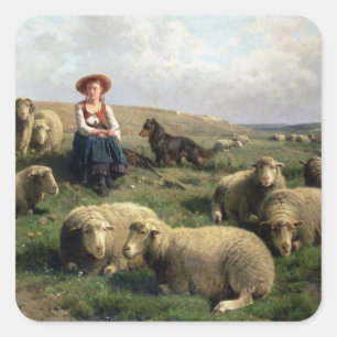 景色のヒツジを持つShepherdess スクエアシール