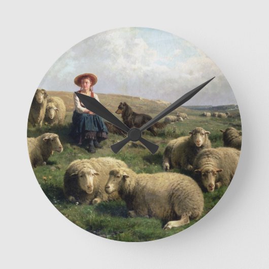景色のヒツジを持つShepherdess ラウンド壁時計 (正面)