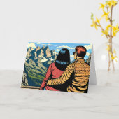景色の良い展望台のカップル アニバーサリー カード (黄色い花)
