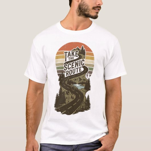 景色の良い道をゆっくりと ヴィンテージ冒険 Tシャツ (正面)