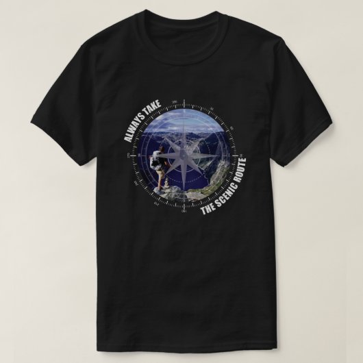 景色の良い道を進もう アドベンチャー好き Tシャツ (デザイン正面)