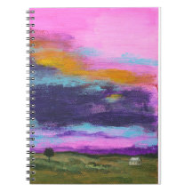 景色の芸術の絵画、ピンクの日没、小さい家