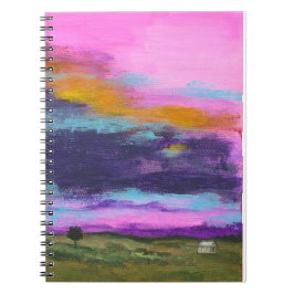 景色の芸術の絵画、ピンクの日没、小さい家 ノートブック