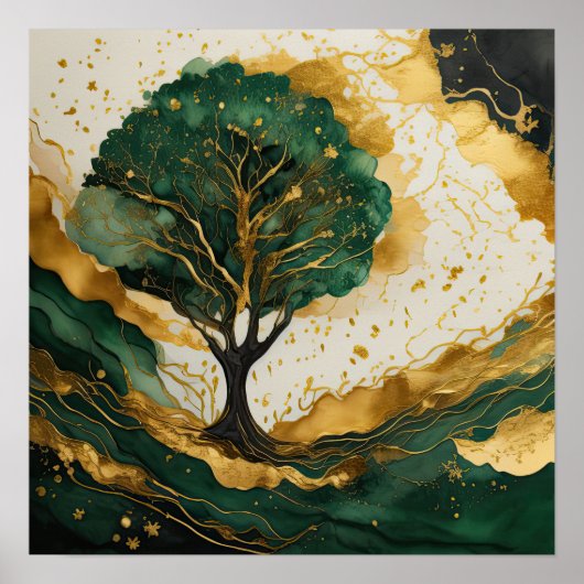 景観水色抽象芸術絵画の緑金ゴールド ポスター (正面)