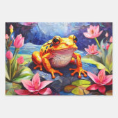 晴れおもしろいの日に池に座ってかわいいカエル ラッピングペーパーシート (正面2)
