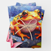 晴れおもしろいの日に池に座ってかわいいカエル ラッピングペーパーシート (インサイチュ)