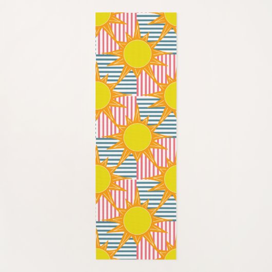 晴れたオレンジ色の黄色いサンスオンホワイトティール（緑がかった色）ピンクストライプ ヨガマット (正面)
