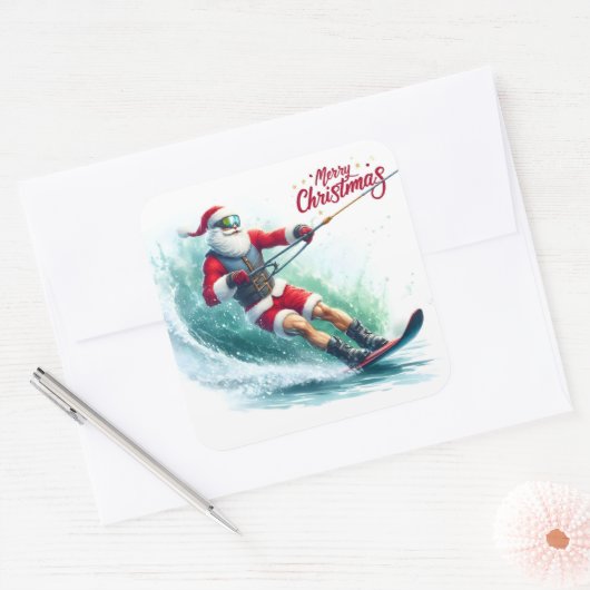 晴れたクリスマスの朝のサンタウォータースキー スクエアシール (封筒)