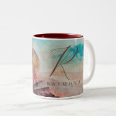 晴れたモノグラムの雲と砂漠の風景 ツートーンマグカップ (正面右)