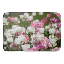 晴れた上に明るい白とピンクのチューリップ