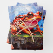 晴れた日に池に座ったかわいいカエル ラッピングペーパーシート (インサイチュ)