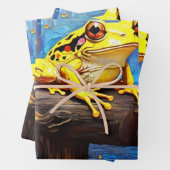 晴れた日に池に座ったかわいいカエル ラッピングペーパーシート (インサイチュ)