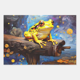 晴れた日に池に座ったかわいいカエル ラッピングペーパーシート