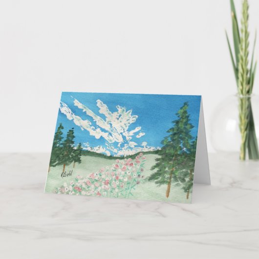 晴れた日の山の牧草地 サンキューカード (正面)