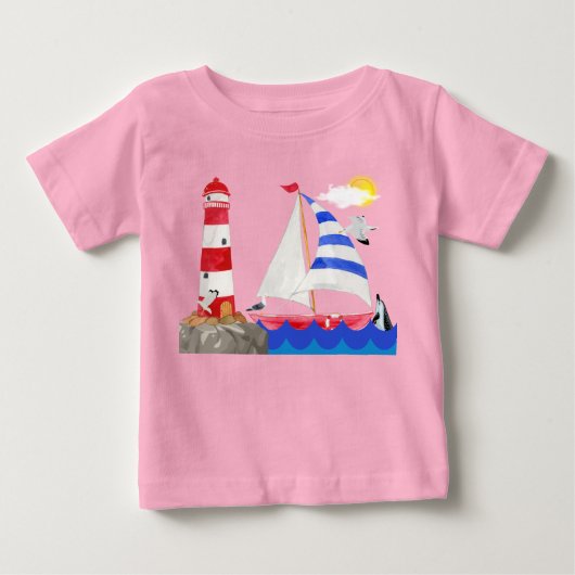 晴れた日の帆船と灯台の海洋アドベンチャー ベビーTシャツ (正面)
