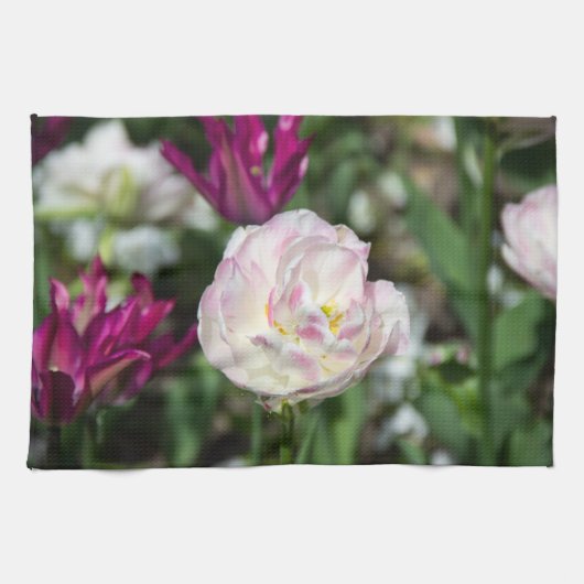 晴れた日の明るいピンクのチューリップ キッチンタオル (横)