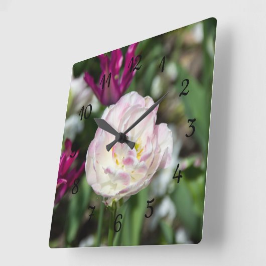 晴れた日の明るいピンクのチューリップ スクエア壁時計 (傾斜)