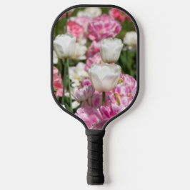 晴れた日の明るい白とピンクのチューリップ ピックルボールラケット