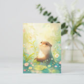 晴れた日の雨の草原のかわいいカワウソ ポストカード (スタンド正面)