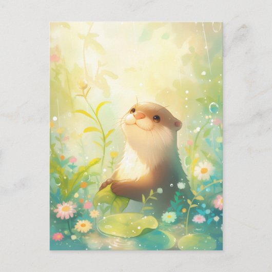 晴れた日の雨の草原のかわいいカワウソ ポストカード (正面)