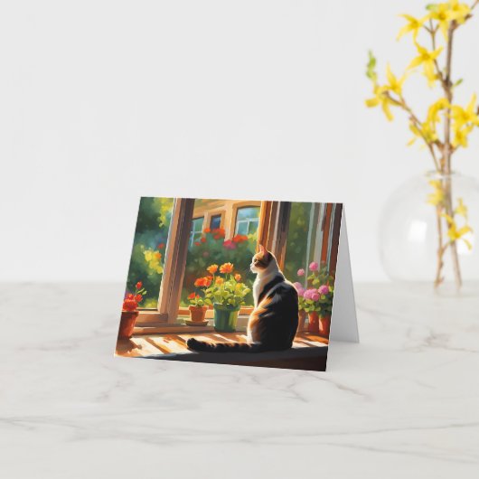 晴れた窓の中の猫ありがとう カード (黄色い花)