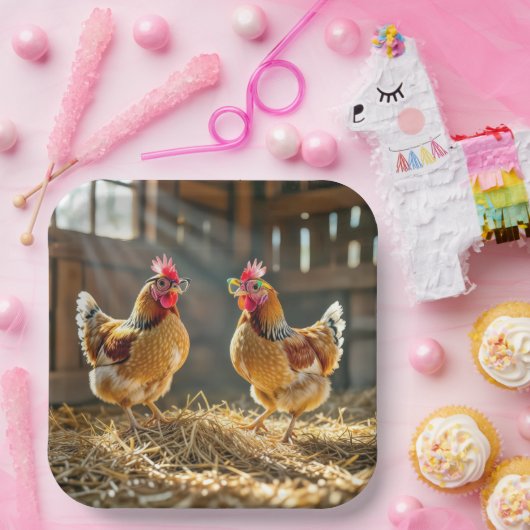 晴れた納屋で眼鏡をかけた鶏 ペーパープレート (パーティー)