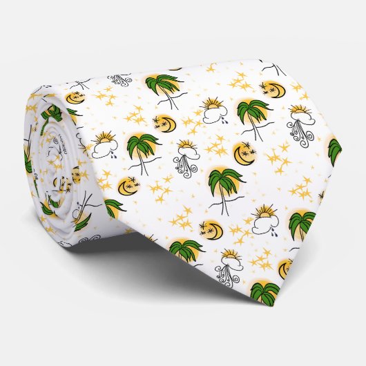 晴れた黄色い太陽、星、月と緑の手のひら ネクタイ (ロール)