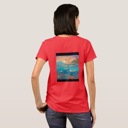 晴れ渡る海の底に海を沈める穏やかな夕日 Tシャツ (裏面フル)
